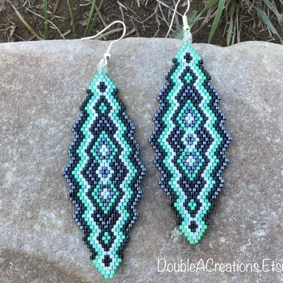 Mint Green, Black and Gunmetal Southwest Beaded Earrings, New, Handmade by Me - Picture 3 of 7